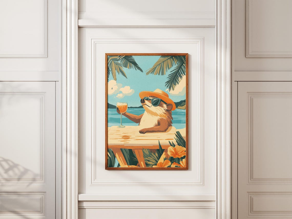 Hedgehog In Sunglasses And Sun Hat Raising Cocktail Beach Poster - Image 2