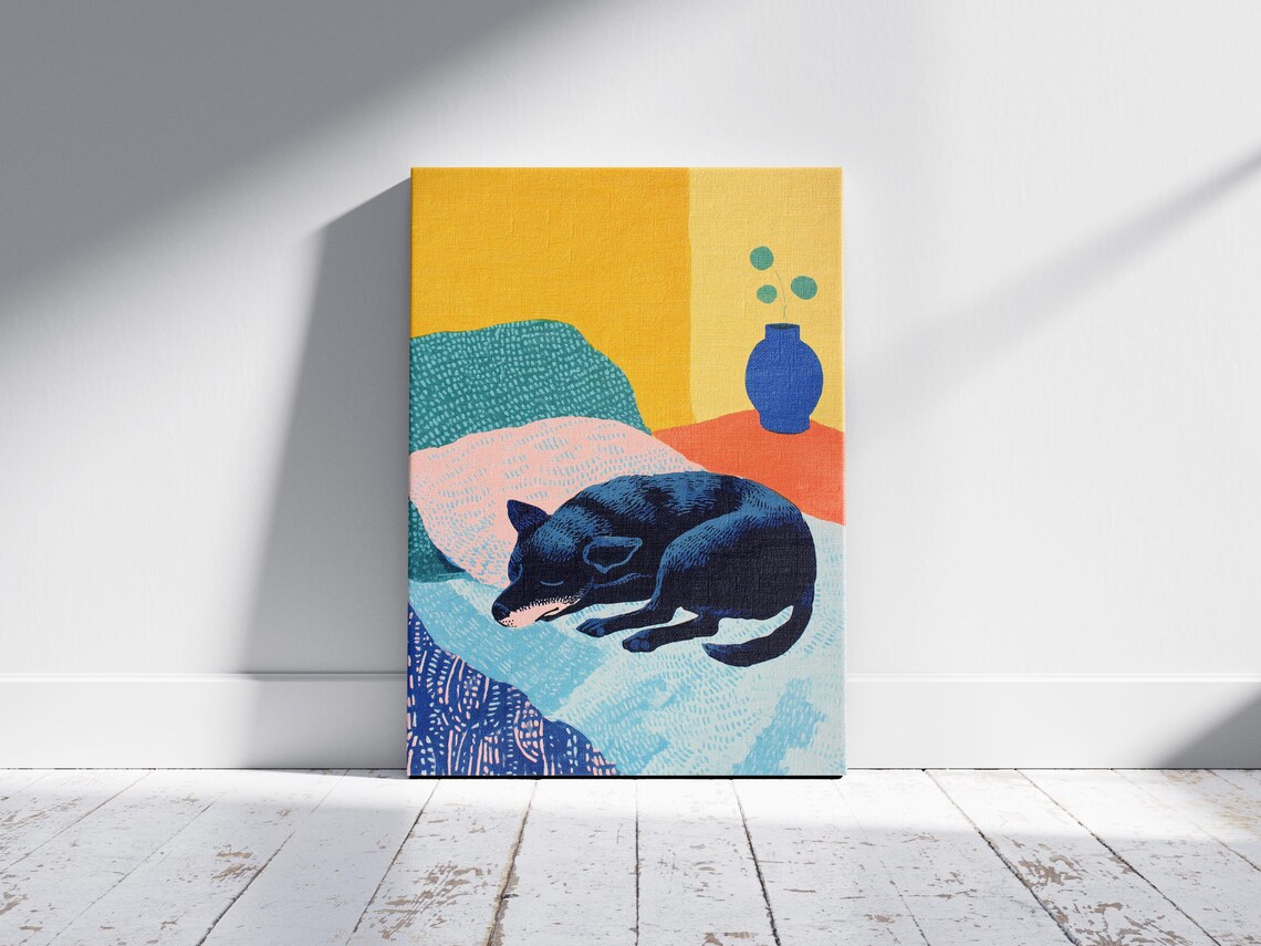 Black Dog Sleeping on a Colorful Bed in Bold Modern Abstract Art Poster - Image 2