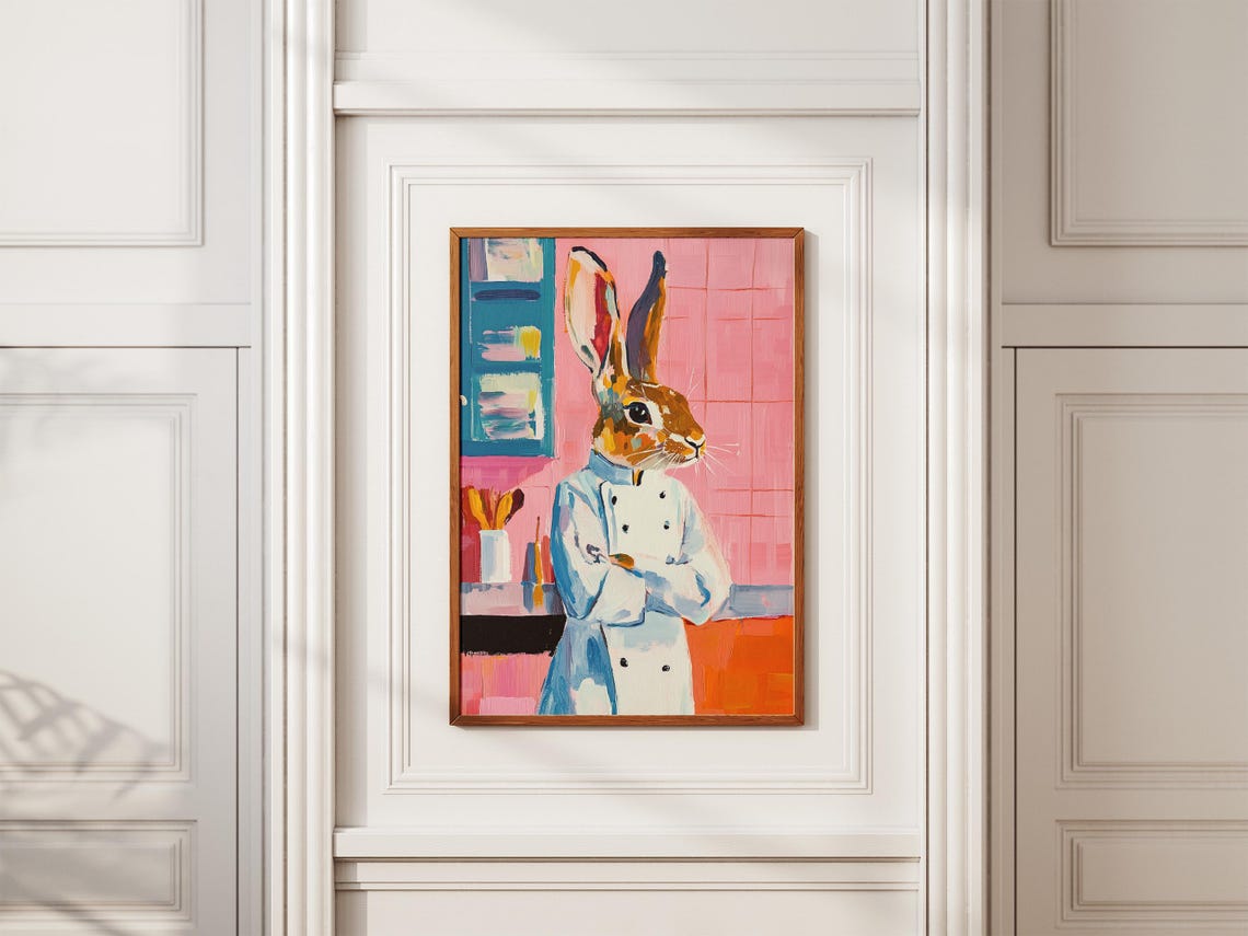 Funny Rabbit Chef In White Coat Standing In Pink Kitchen Poster - Image 2