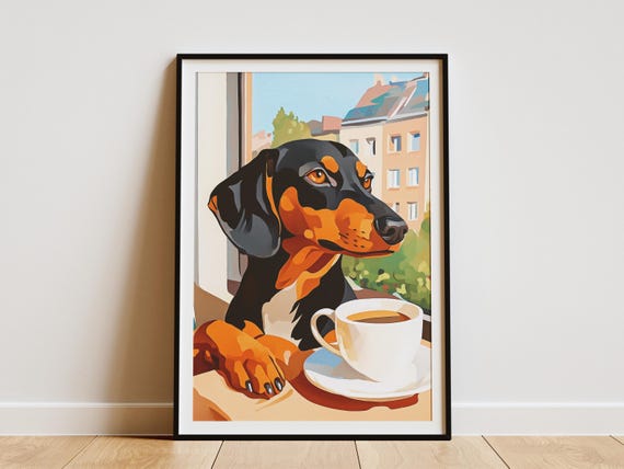 Dachshund Dog Art Print Cozy Cafe Coffee Matisse Style Poster Modern Home Decor Pet Lover Gift Black And Tan Wall