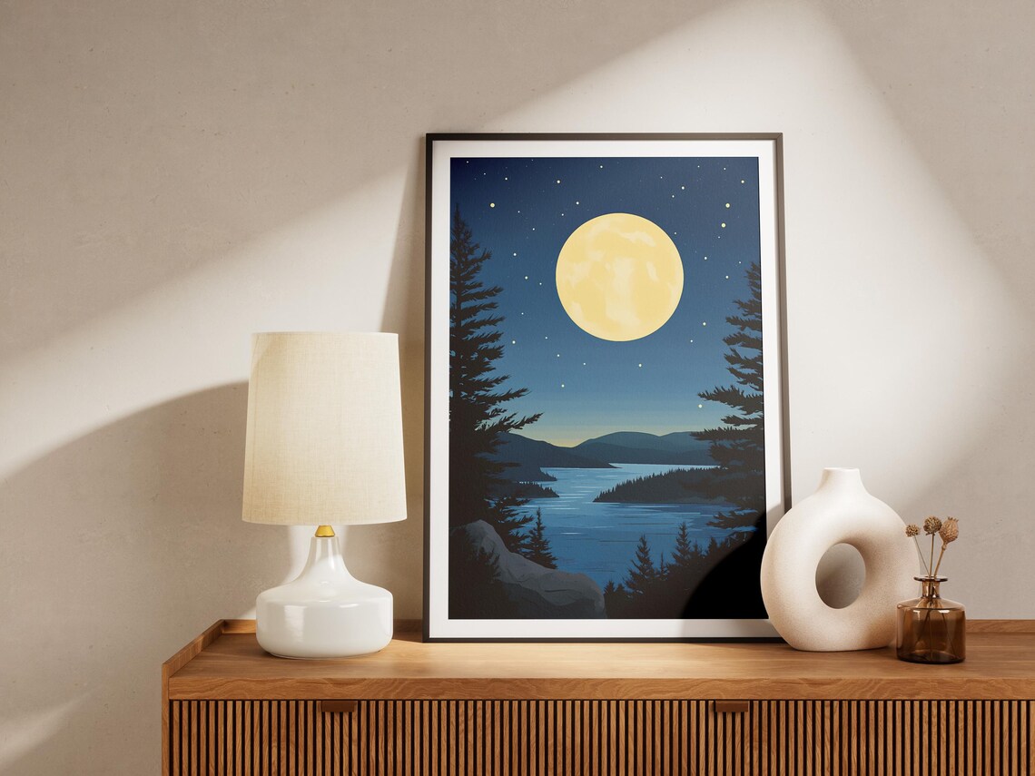 Acadia National Park Maine Moonlit Lake Starry Night Vintage Travel Poster - Image 4