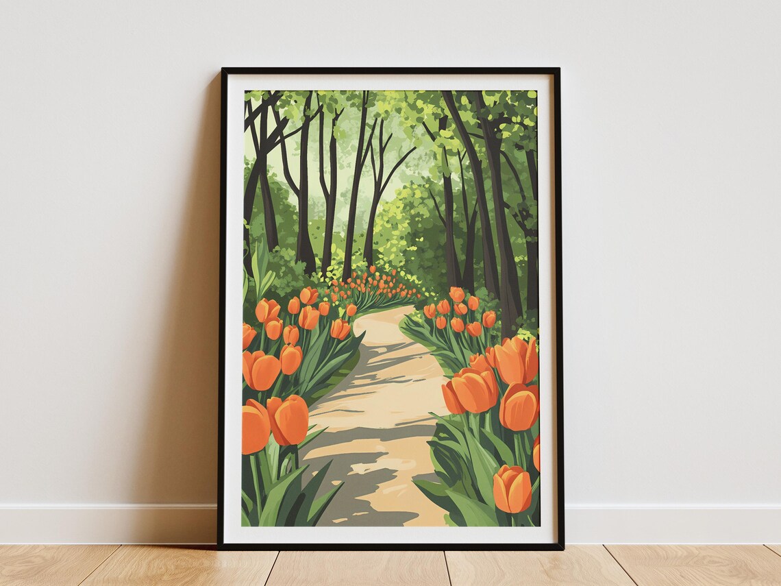 Orange Tulip Pathway Sunlit Woodland Garden Spring Art Poster