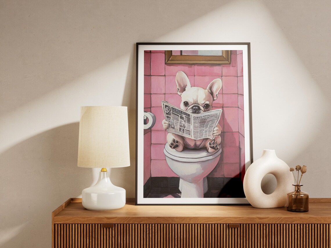 French Bulldog Puppy Reading Paper Pink Tiles Dog Art Poster - Image 4