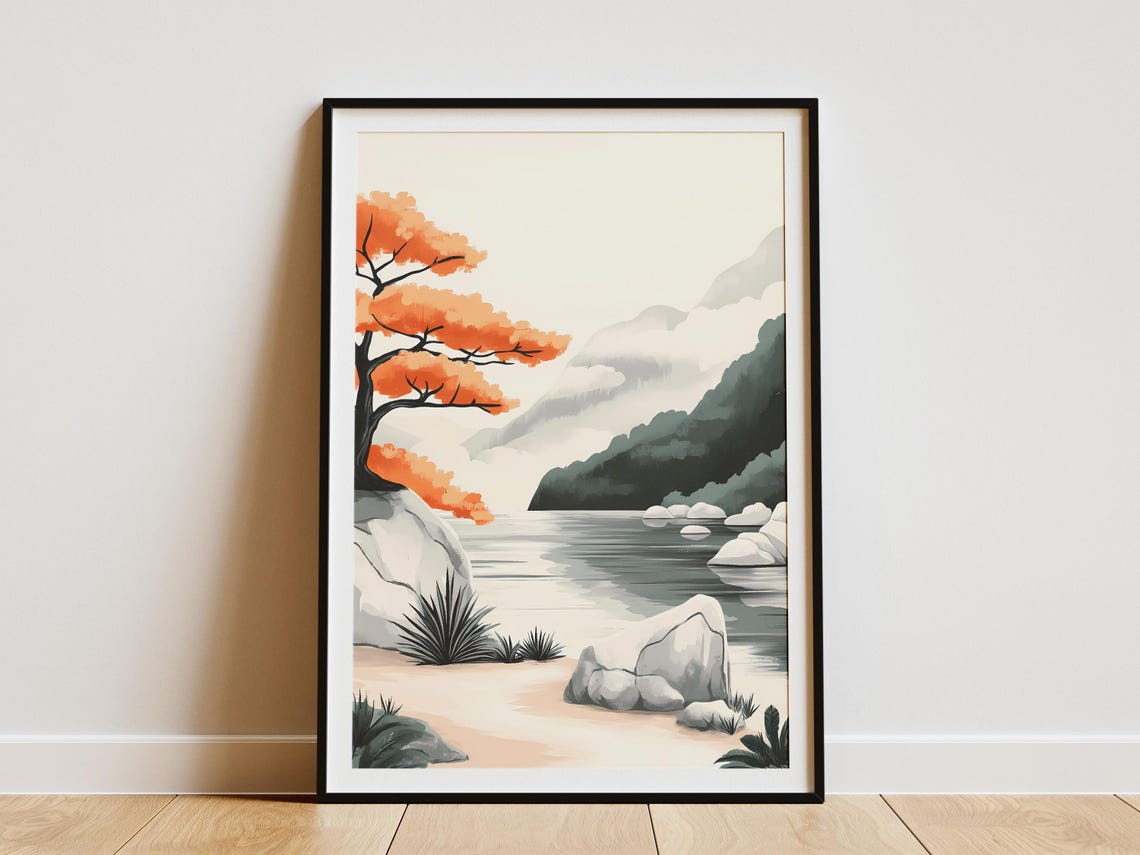 Orange Leafed Bonsai Tree Growing by a Misty Zen River Poster
