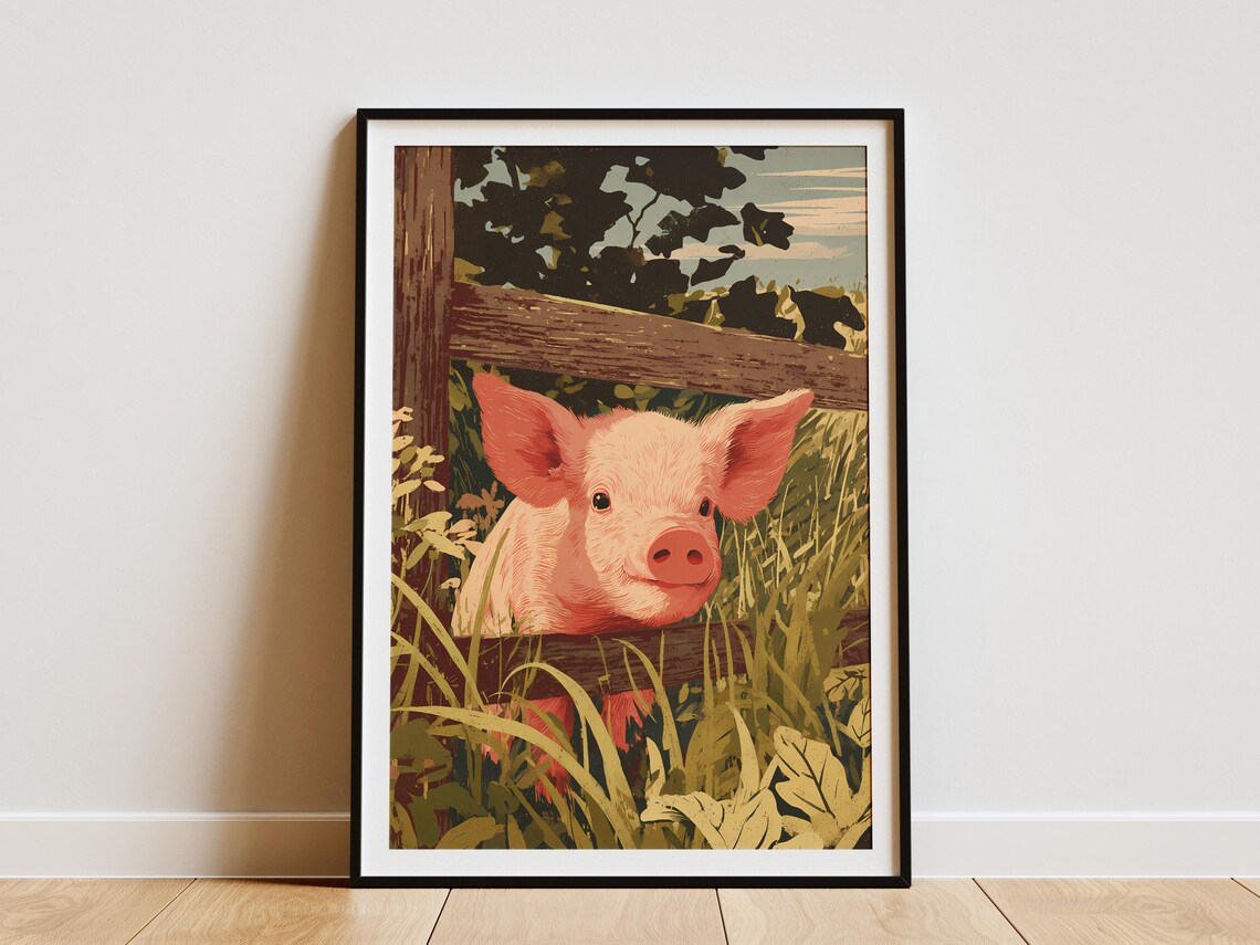 Adorable Piglet at Wooden Fence Farmhouse Rustic Country Art Poster