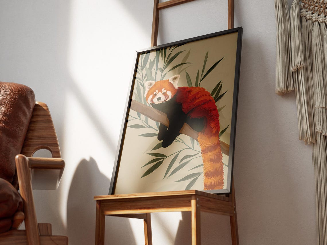 Sleepy Red Panda Relaxing On Tree Branch Minimalist Beige Poster - Image 3