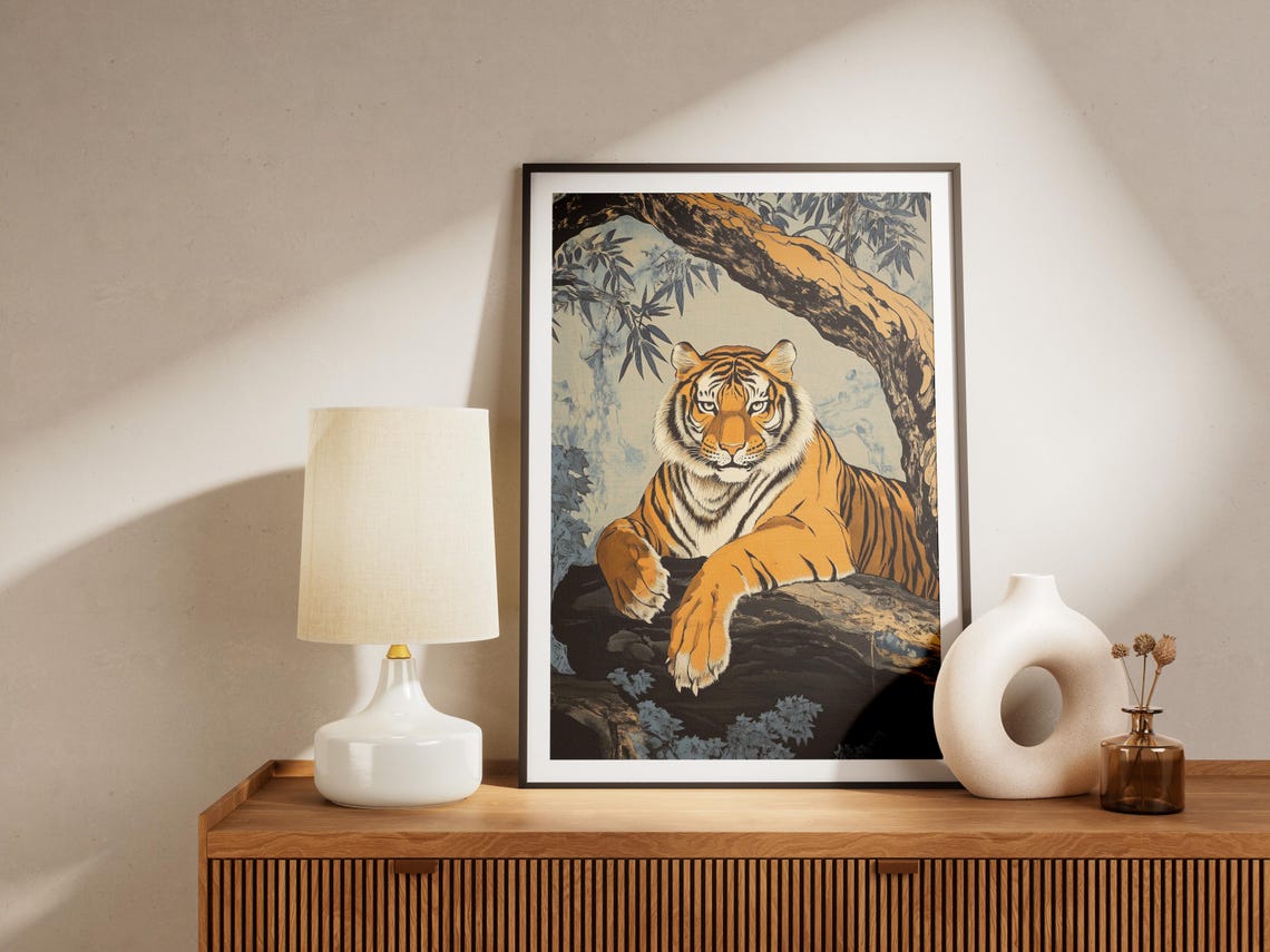 Tiger Resting Under Banyan Tree Art Print Jungle Animal Poster Exotic Wildlife Illustration Asian Decor Lover Gift Nature Inspired - Image 4