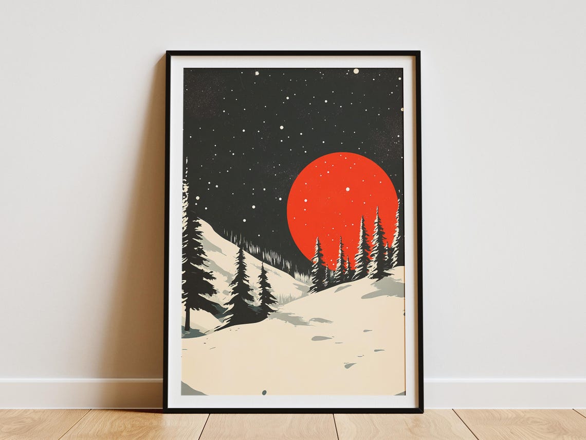 Red Moon Winter Night Snowy Pine Forest Starry Sky Art Poster