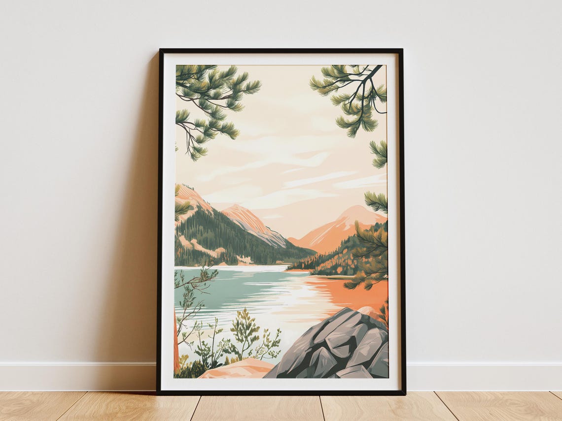 Alpine Lake Rocky Shore Peach Mountain Sunset View Scene Poster