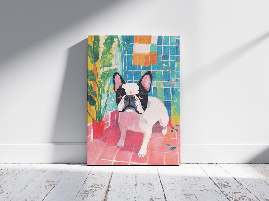 French Bulldog Pink Tiled Bathroom Colorful Modern Cute Dog Art Poster - Image 2