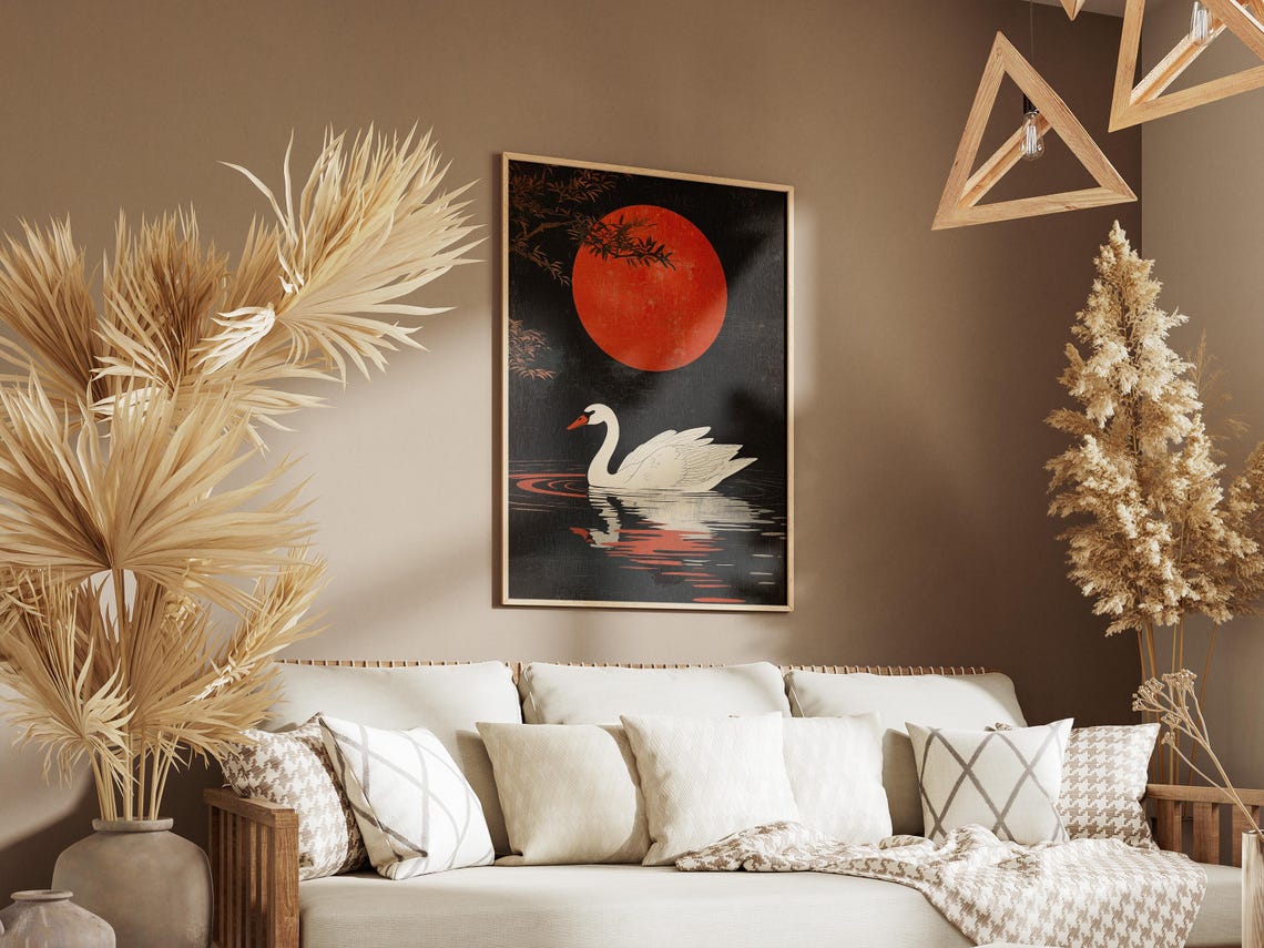Swan Under Red Sun Japanese Woodblock Style Dramatic Art Poster - Image 3