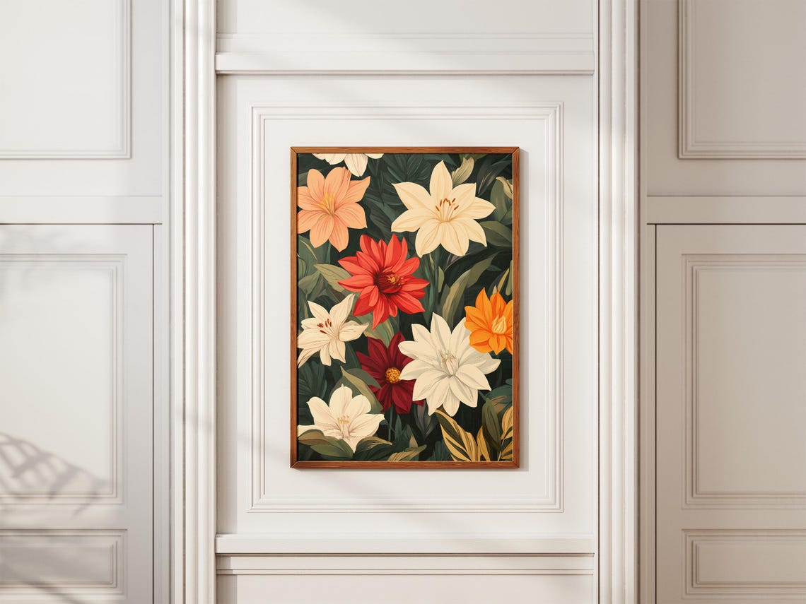 White Orange Red Lilies Against Dark Green Leaves Botanical Poster - Image 2
