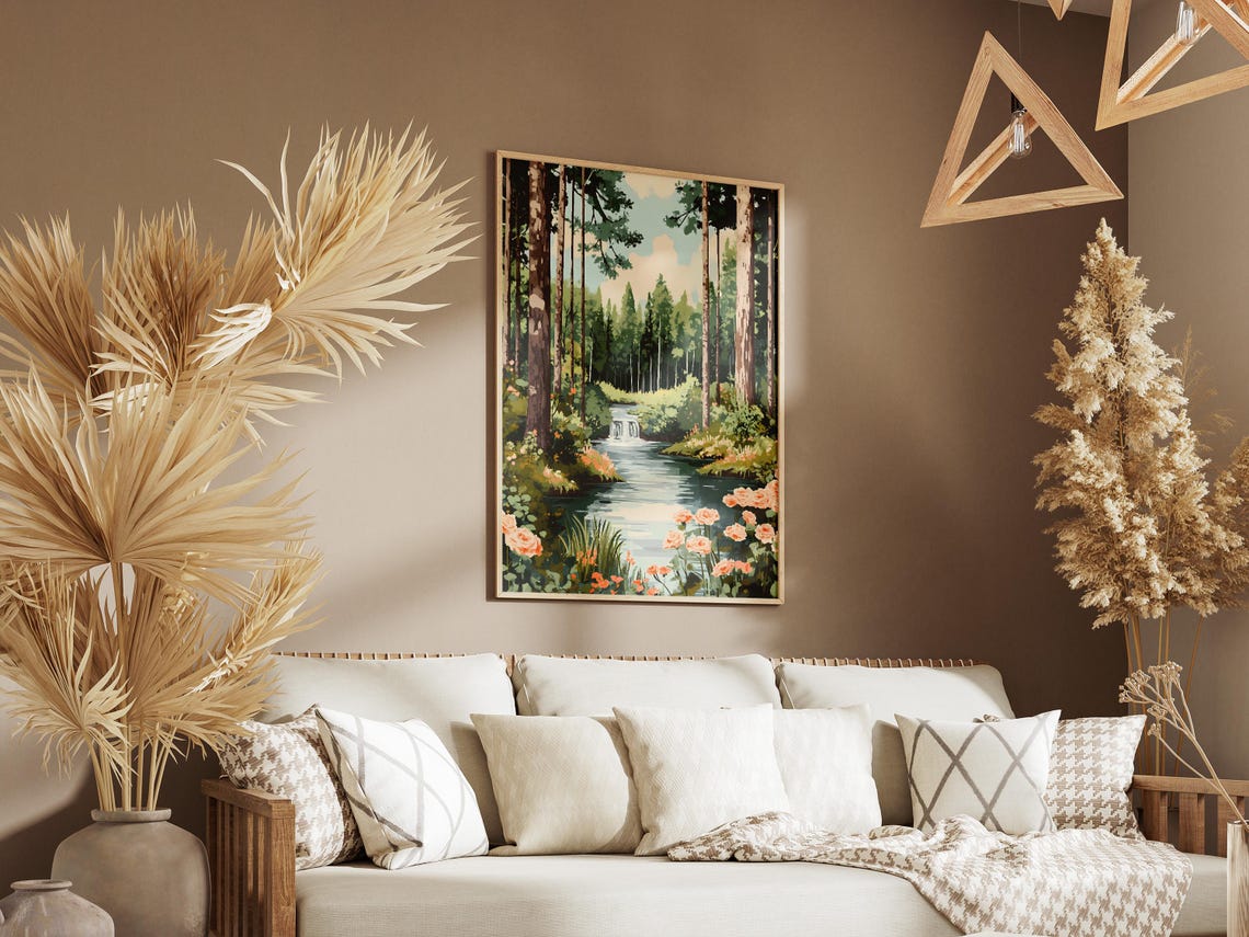 Forest Stream With Peach Roses Leading To Distant Waterfall Poster - Image 3
