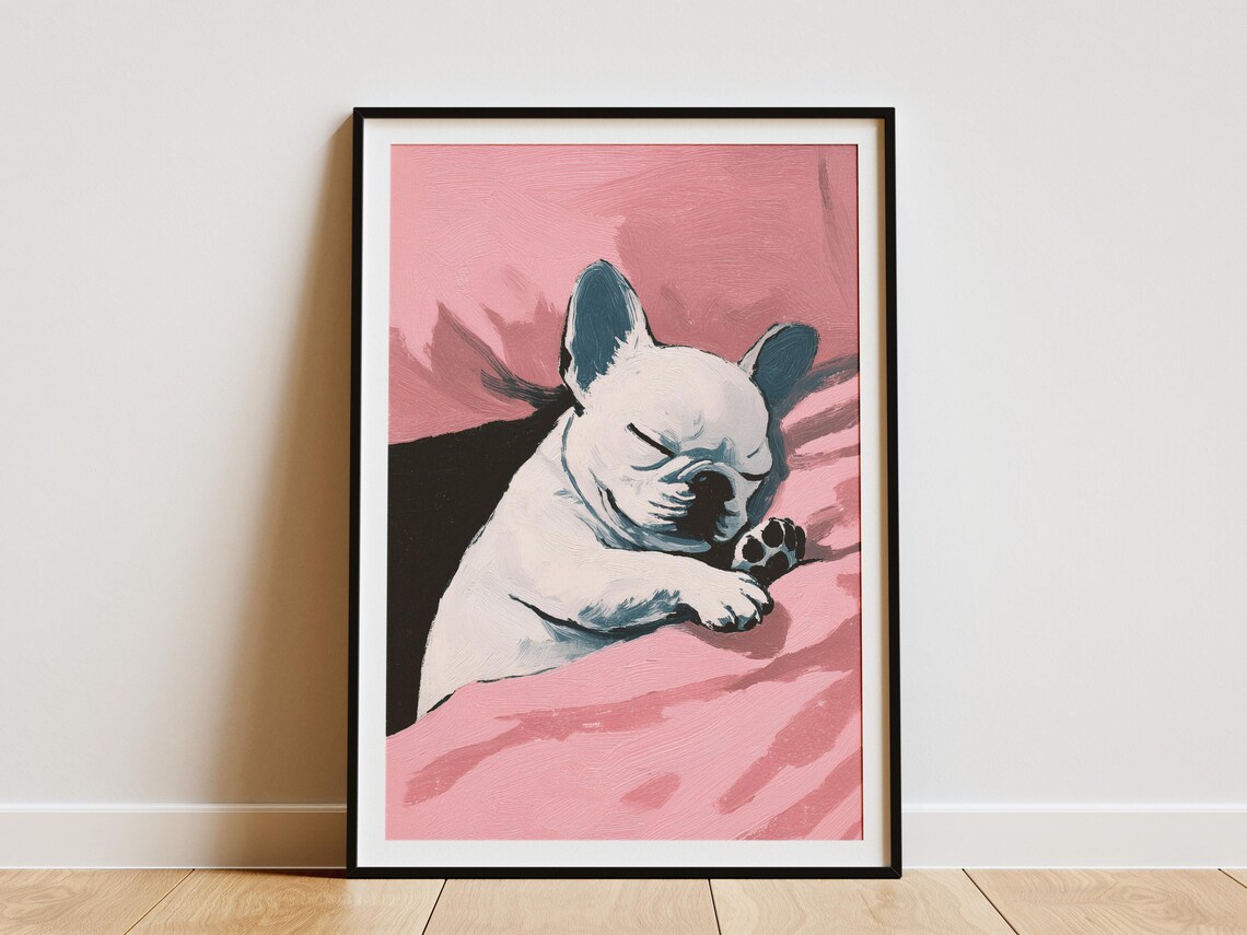 White French Bulldog Puppy Sleeping Peacefully on Pink Bedding Art Poster