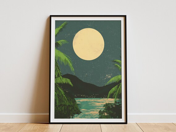 Virgin Islands National Park Moonlit Tropical Bay Palm Trees Night Poster