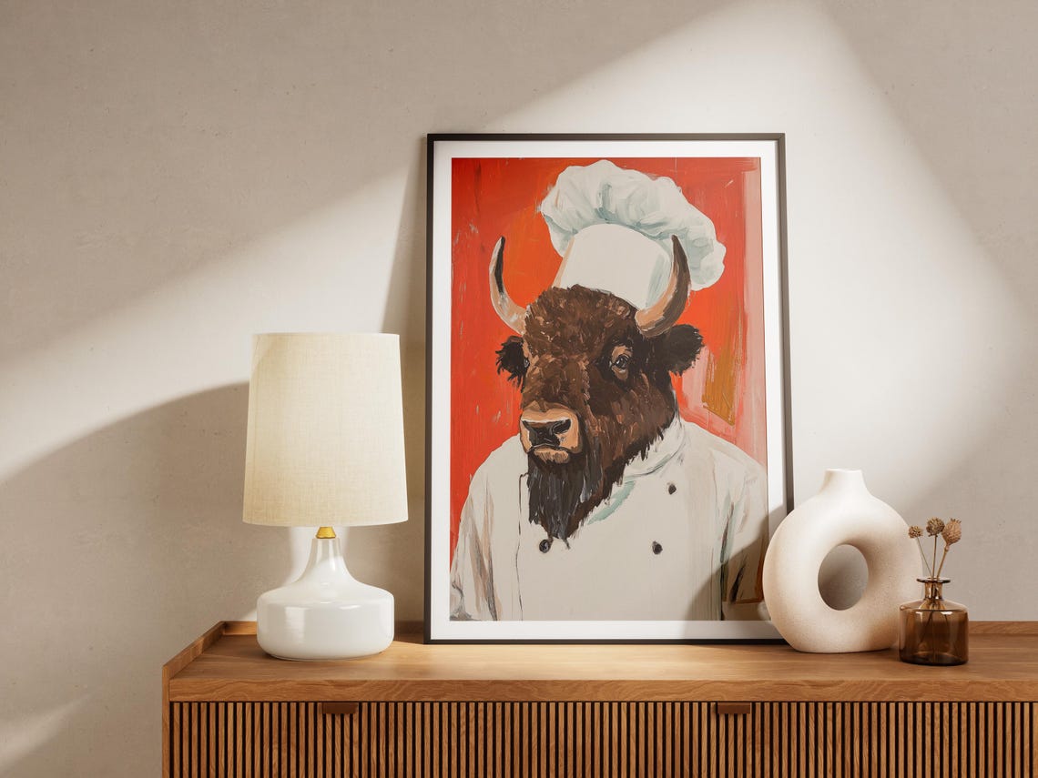 Mighty Bison Chef In White Coat And Tall Hat On Bold Red Poster - Image 4