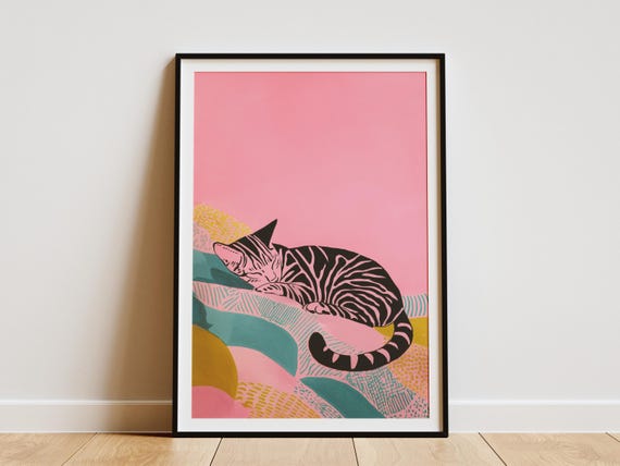 Matisse Inspired Savannah Cat Art Print Modern Abstract Sleeping Feline Wall Decor Pink And Teal Bedroom Unique Lover Gift