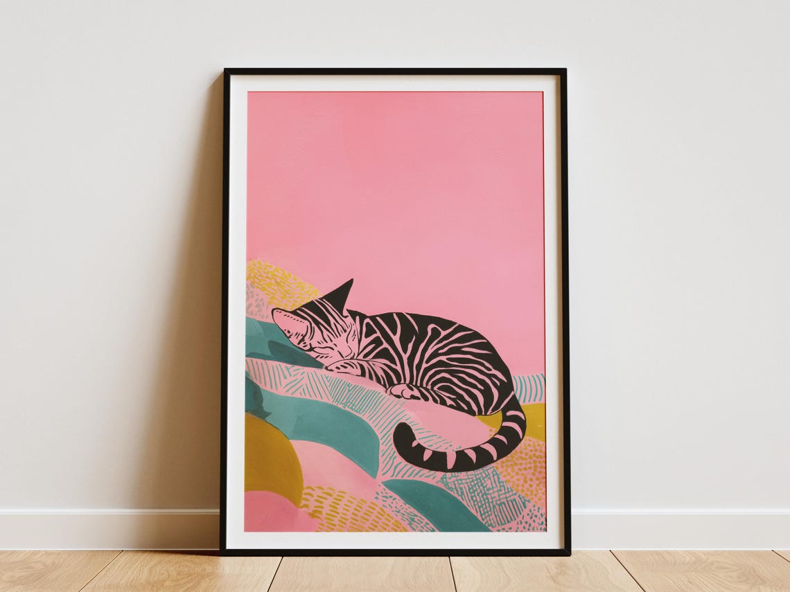 Sleeping Striped Tabby Cat on Pink Modern Abstract Art Poster
