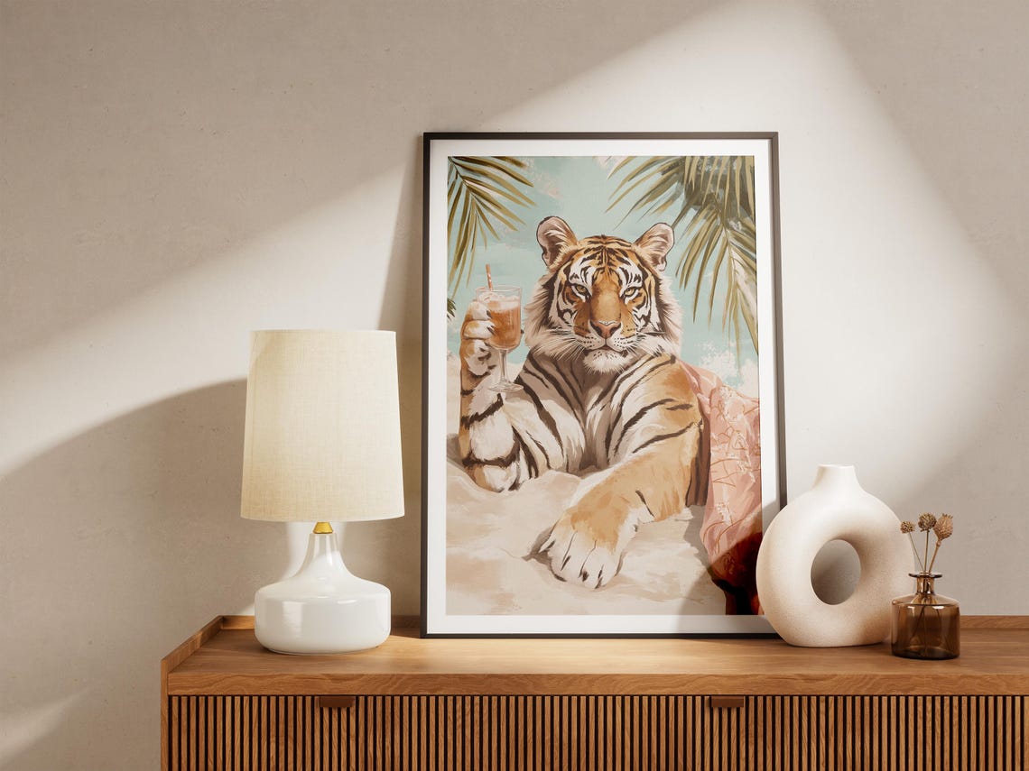 Tiger Raising A Cocktail Glass On A Sunny Tropical Beach Poster - Image 5