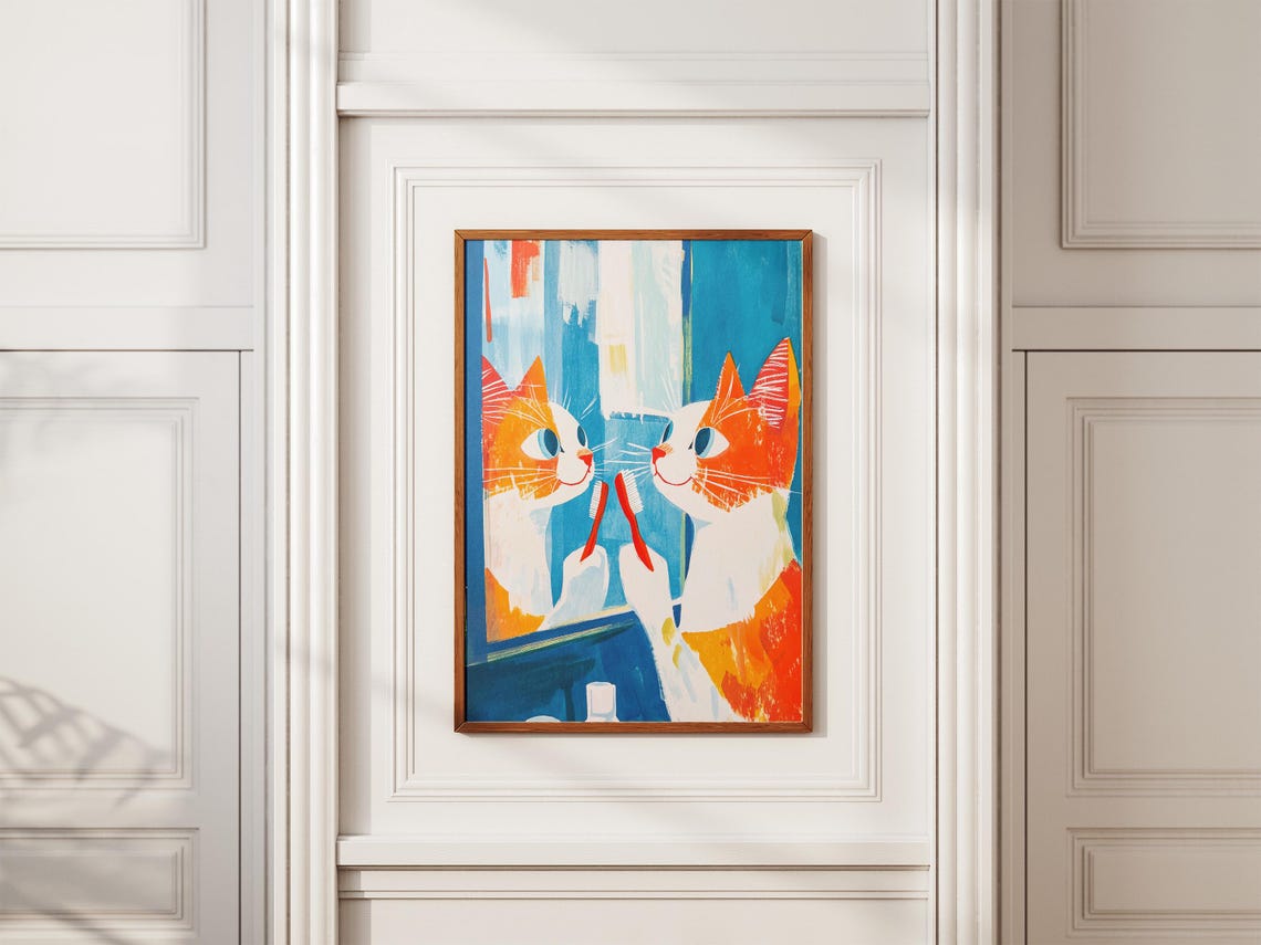 Orange Cat Brushing Teeth at Mirror Blue Bathroom Funny Cat Poster - Image 2