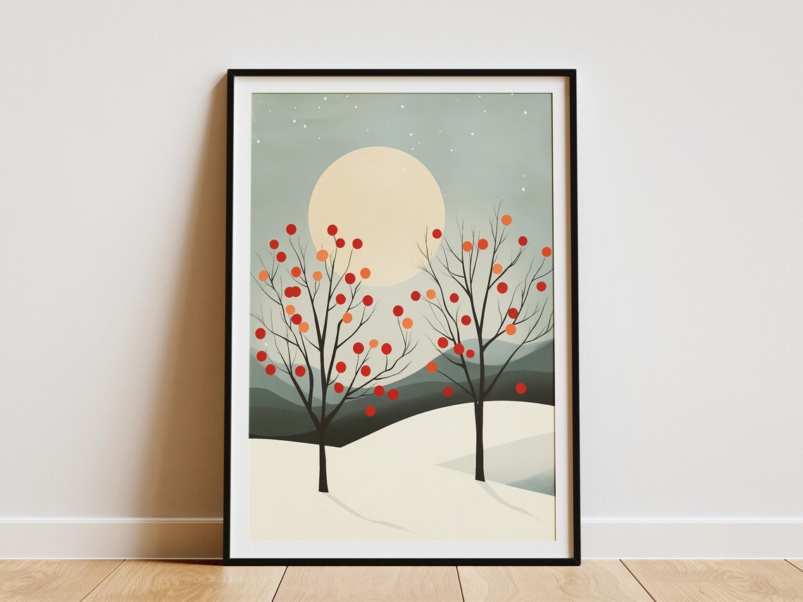 Winter Orchard Poster Minimalist Landscape Print Modern Scandinavian Art Moon Tree Branches Wall Decor Home Decor Dorm Room Art