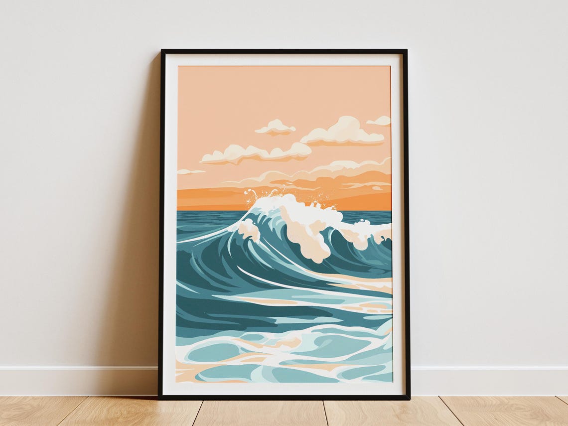 Big Blue Ocean Wave Crashing Under an Orange Sunset Sky Poster