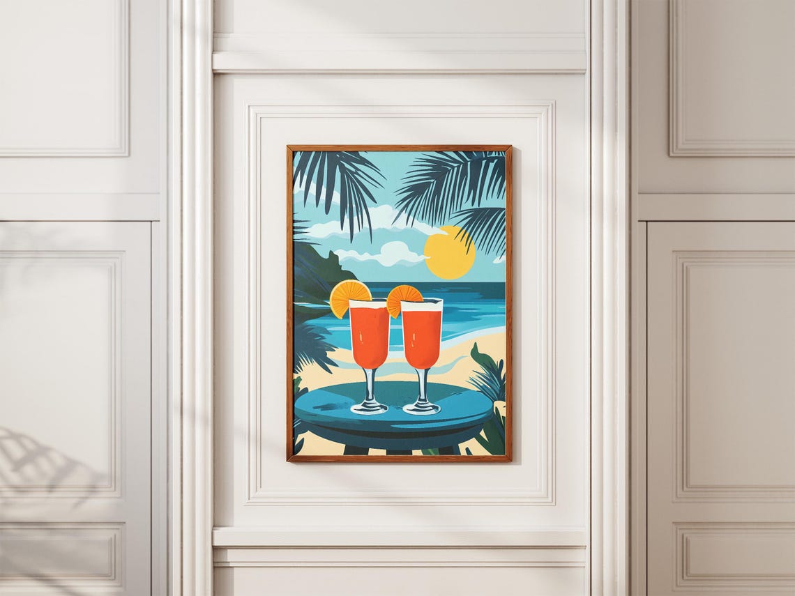 Tropical Beach Cocktails Poster with Two Sunset Drinks by the Ocean - Image 2
