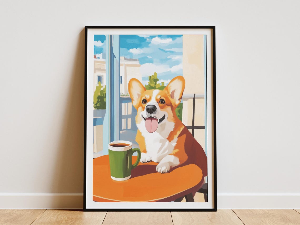 Smiling Corgi with a Green Mug at a Sunny Cafe Window Dog Poster