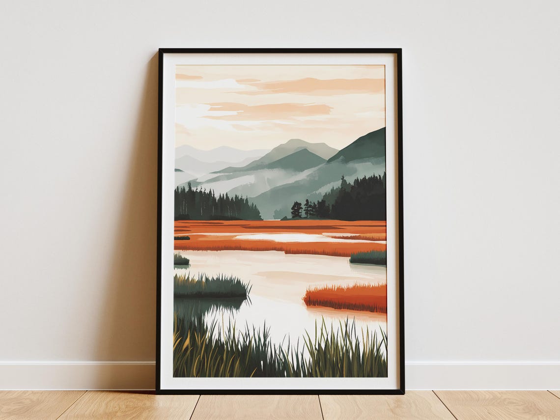 Misty Rust-Orange Rice Paddies Reflecting Teal Mountains Poster