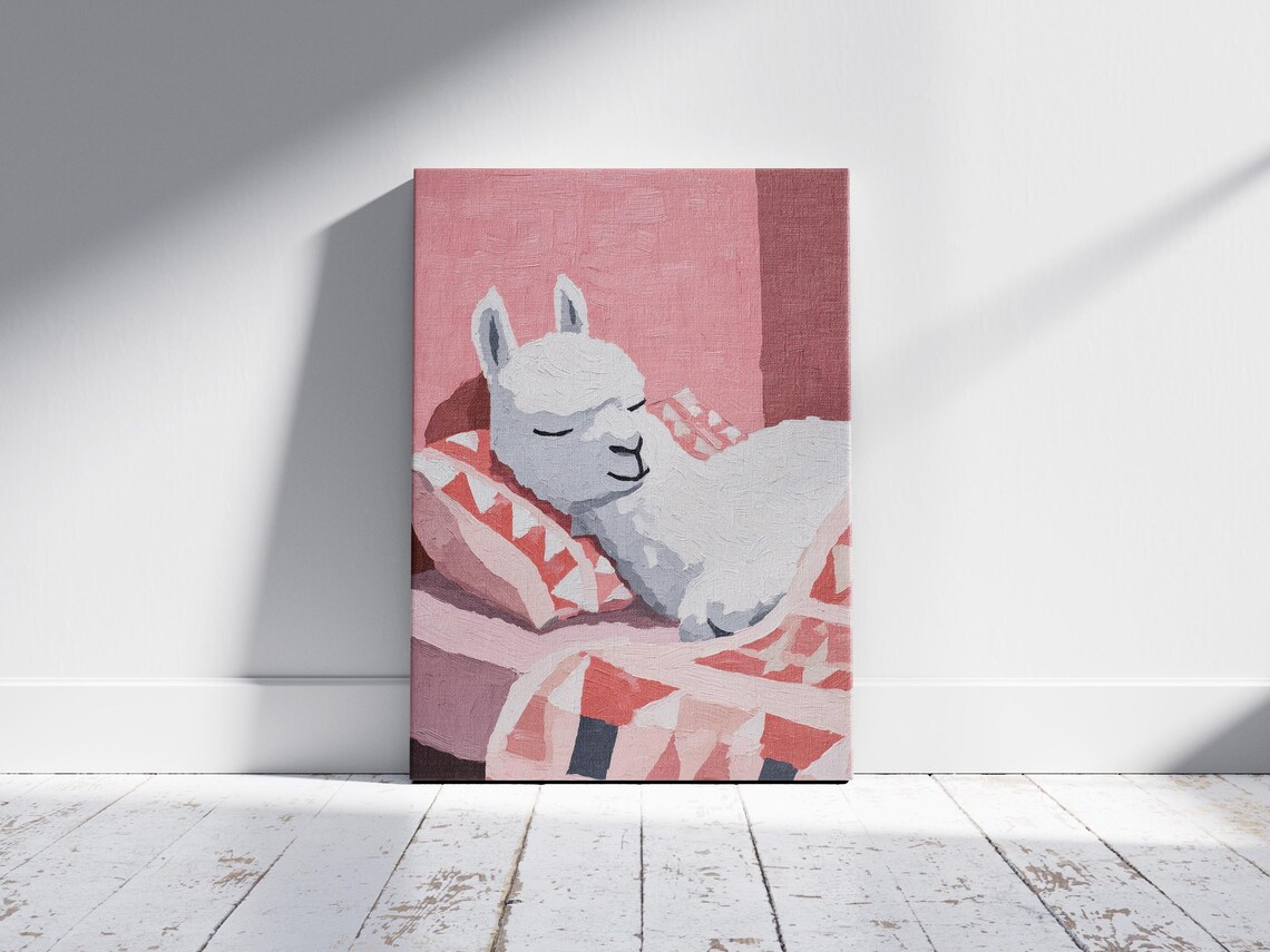 Sleeping White Llama Resting on Pink Patterned Cushions Cozy Art Poster - Image 2
