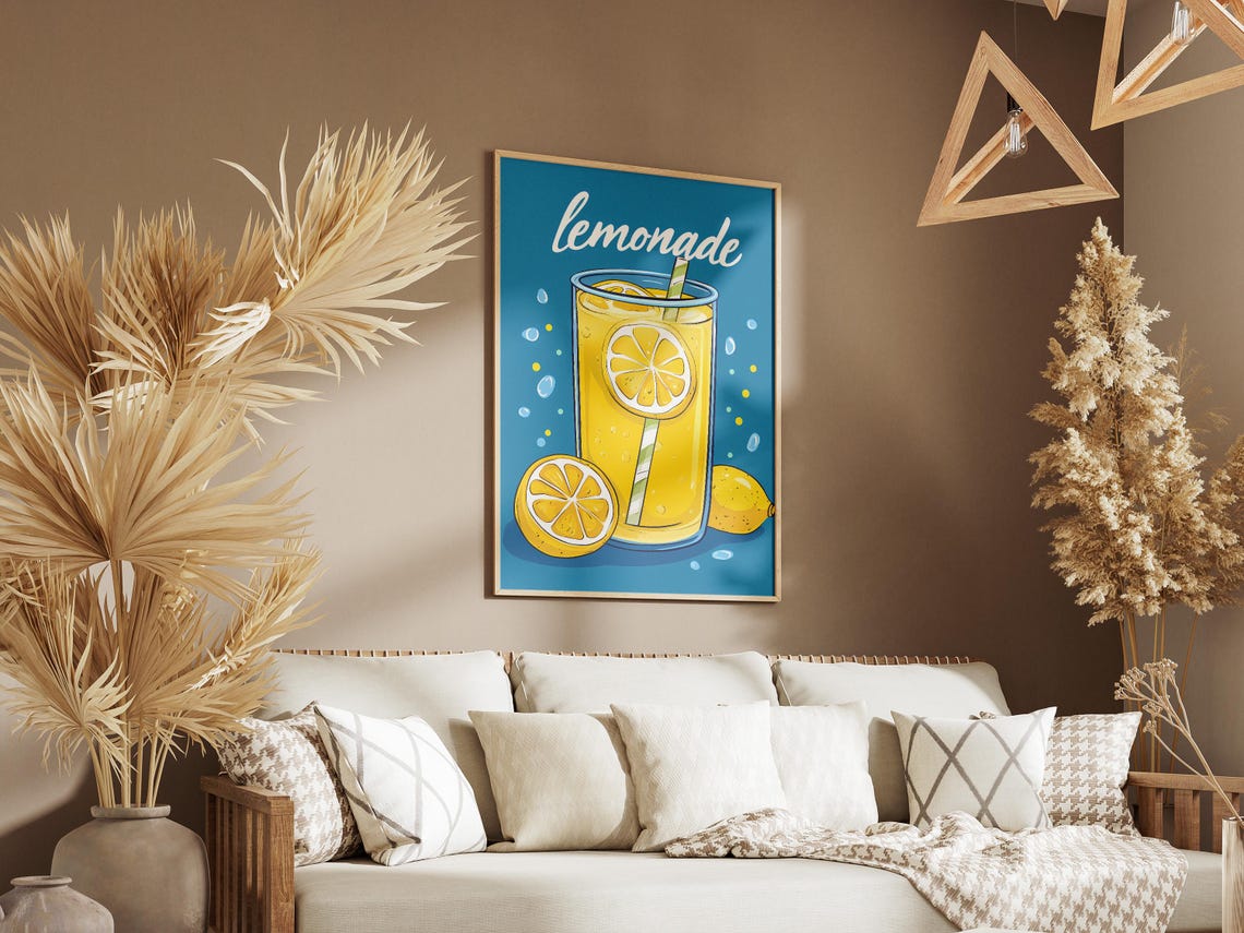 Retro Lemonade Glass with Script Lettering on Blue Kitchen Poster - Image 3