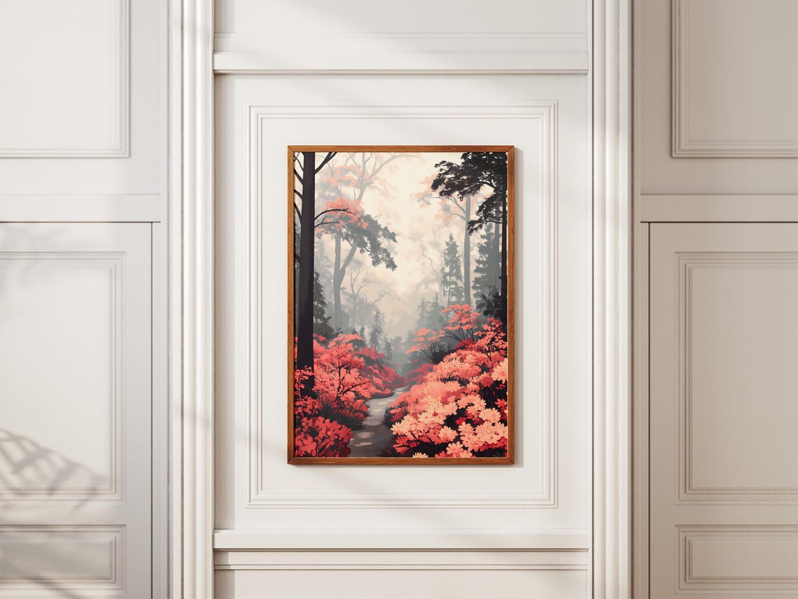 Red Azalea Bushes on a Misty Forest Trail Poster With Autumn Trees - Image 2