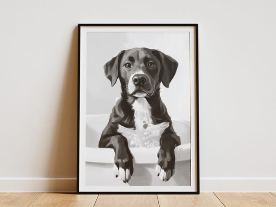 Labrador Retriever Dog Art Print Bathroom Wall Decor Puppy In Bathtub Poster Cute Animal Funny Lover Gift Black And White