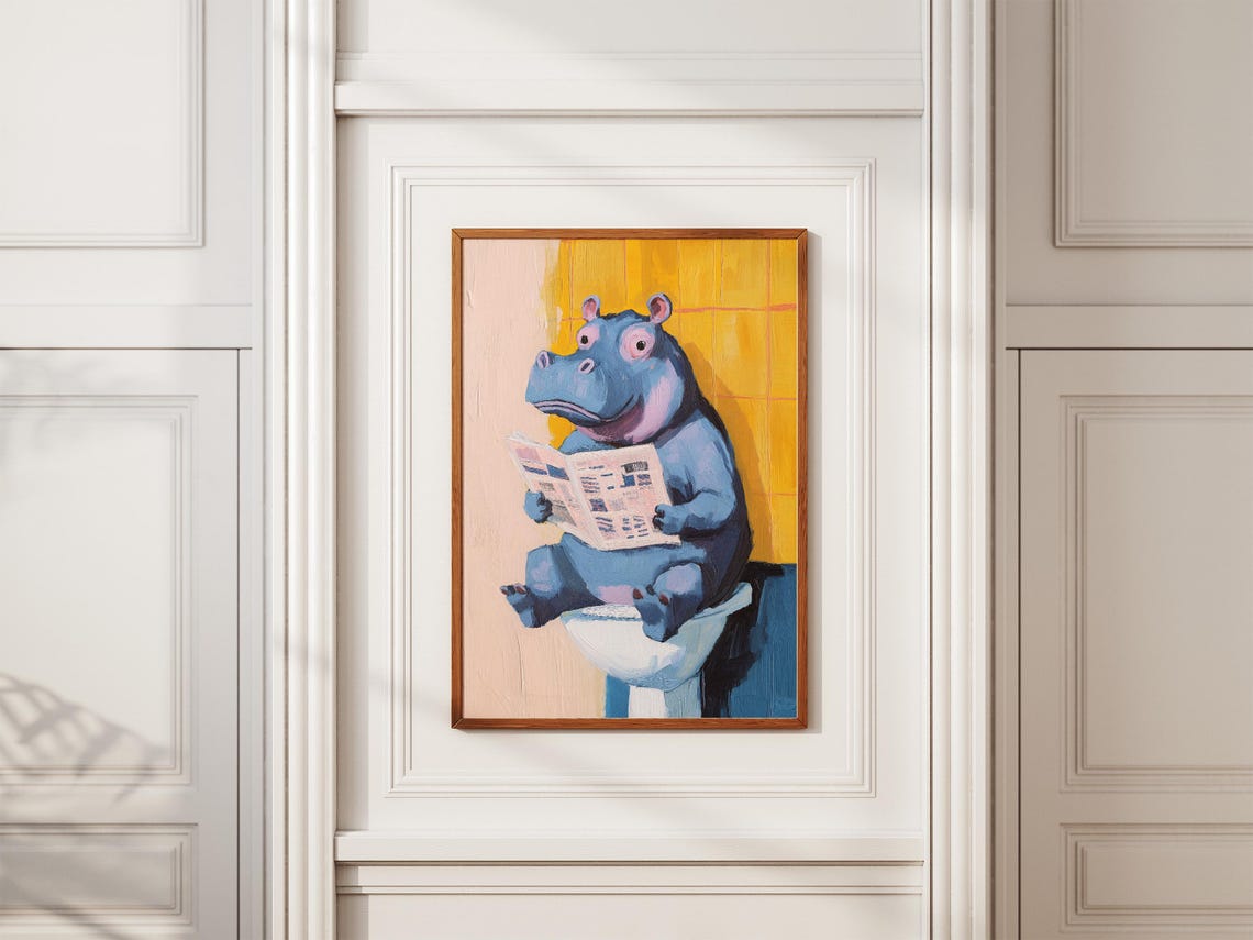 Funny Blue Hippo Reading Newspaper On The Toilet Bathroom Poster - Image 2