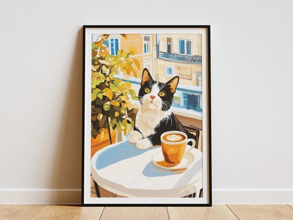 Cozy Cafe Cat Poster Print Black And White Art Coffee Lover Gift Parisian Wall Home Decor Matisse Style Oil Painting