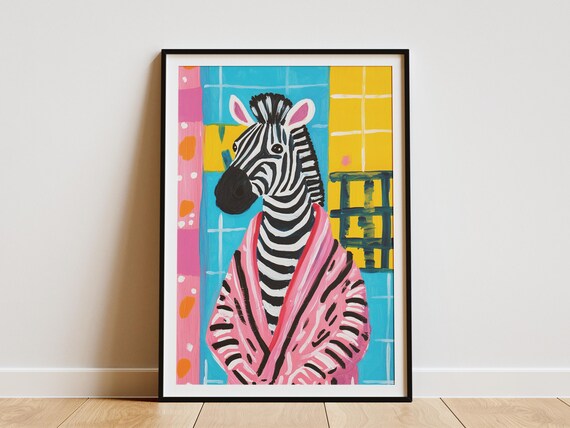 Zebra in Pink Bathrobe Colorful Mosaic Tile Bathroom Fun Poster