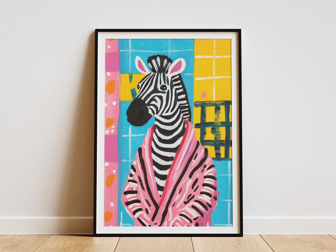 Zebra in Pink Bathrobe Colorful Mosaic Tile Bathroom Fun Poster