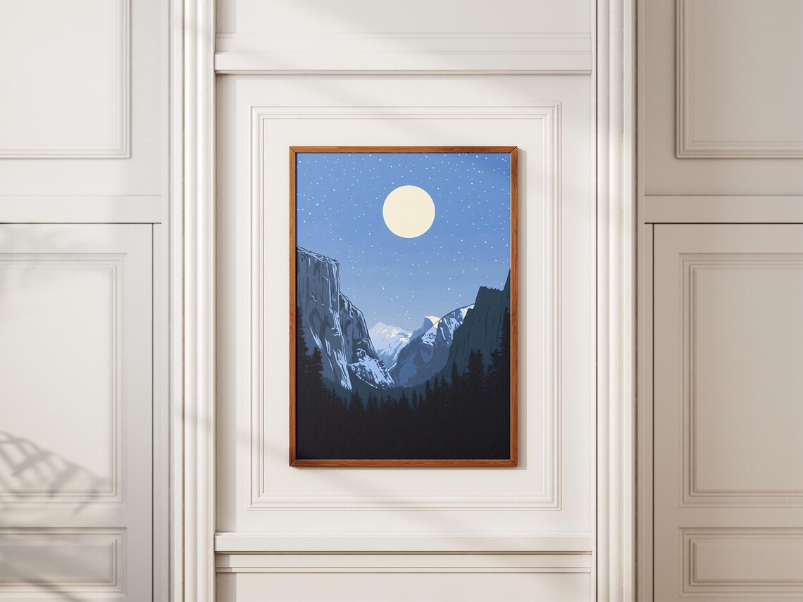 Yosemite National Park Moonlit Snowy Valley Cliffs Starry Night Art Poster - Image 2