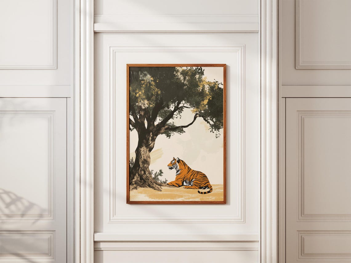 Tiger Resting Under A Large Tree In Minimalist Style Wildlife Poster - Image 2