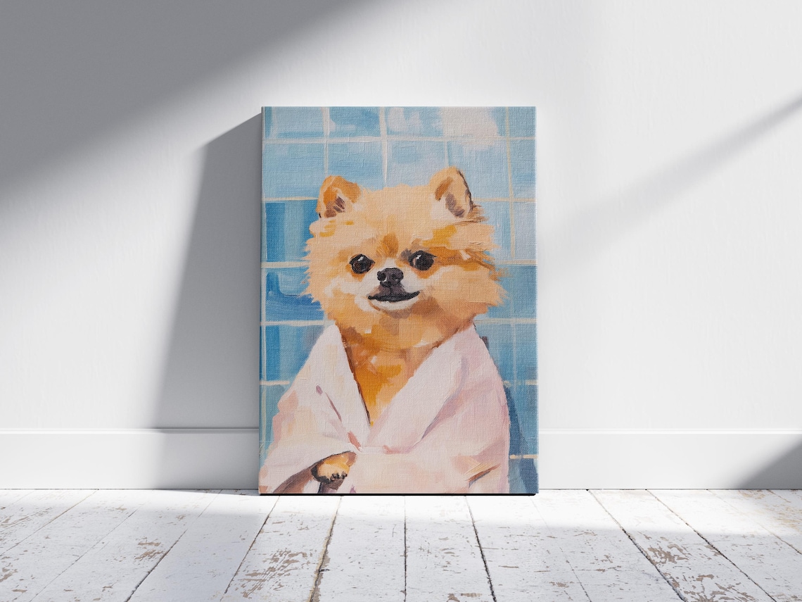 Pomeranian In White Bathrobe Poster Cute Fluffy Dog Bathroom Home Art - Image 2