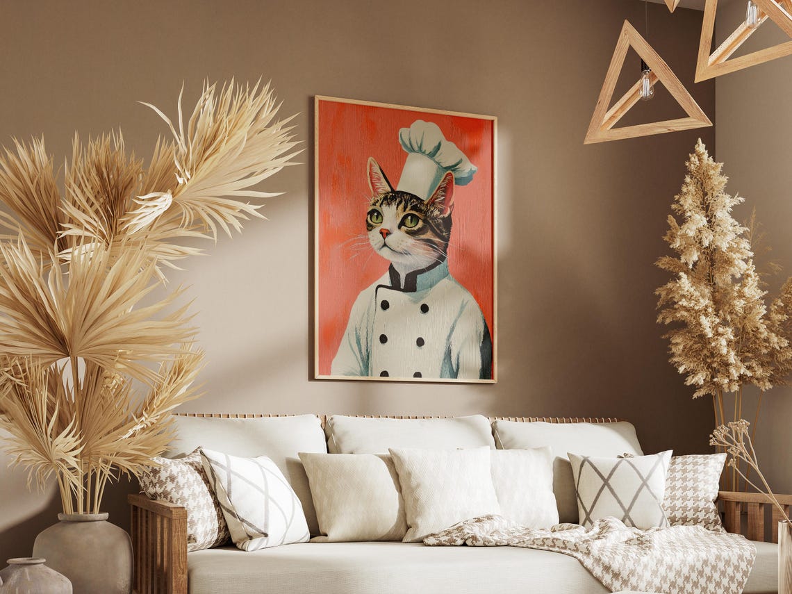 Tabby Cat Chef Portrait Green Eyes Cute Kitchen Decor Poster - Image 3