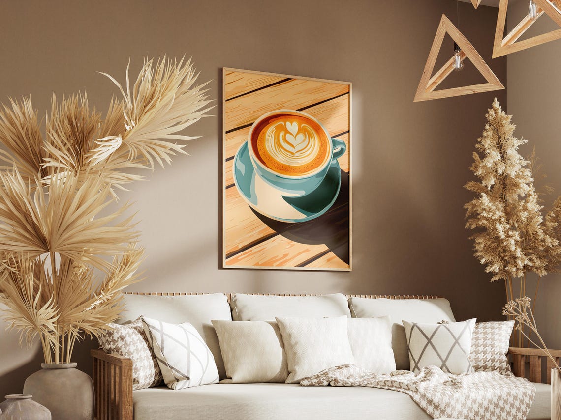 Morning Heart Latte Art Teal Cup Sunlit Wooden Table Coffee Poster - Image 3