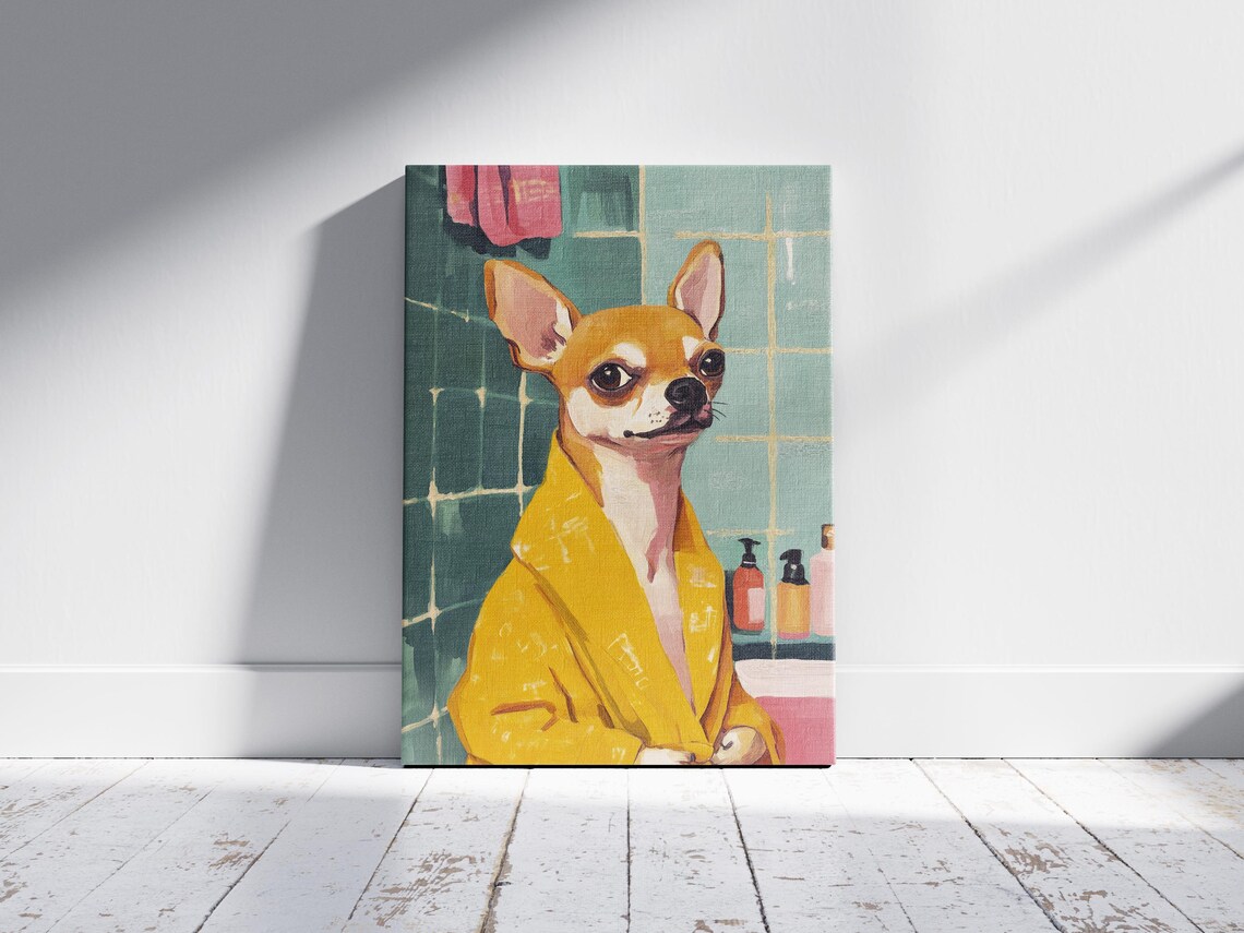 Chihuahua in Golden Yellow Robe Green Tiled Bathroom Dog Art Poster - Image 2