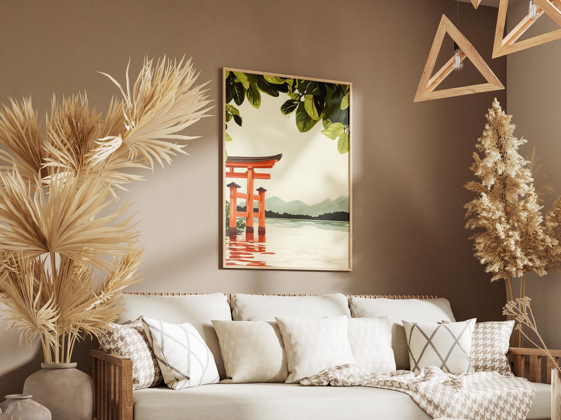 Red Torii Gate Standing in Water Mountain Lake Scenic Poster - Image 3