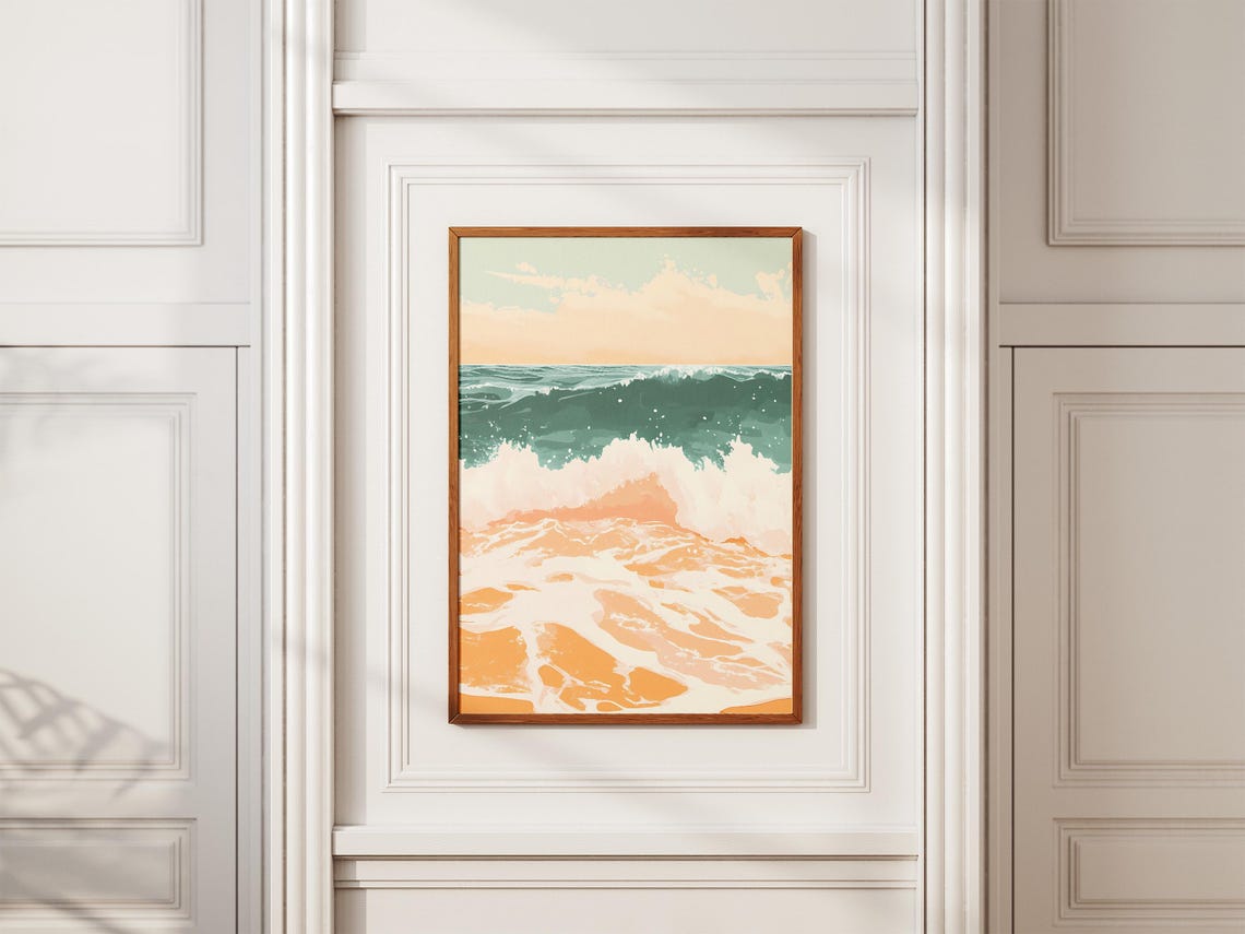 Abstract Teal Ocean Wave With Peach and Cream Seafoam Pattern Poster - Image 2