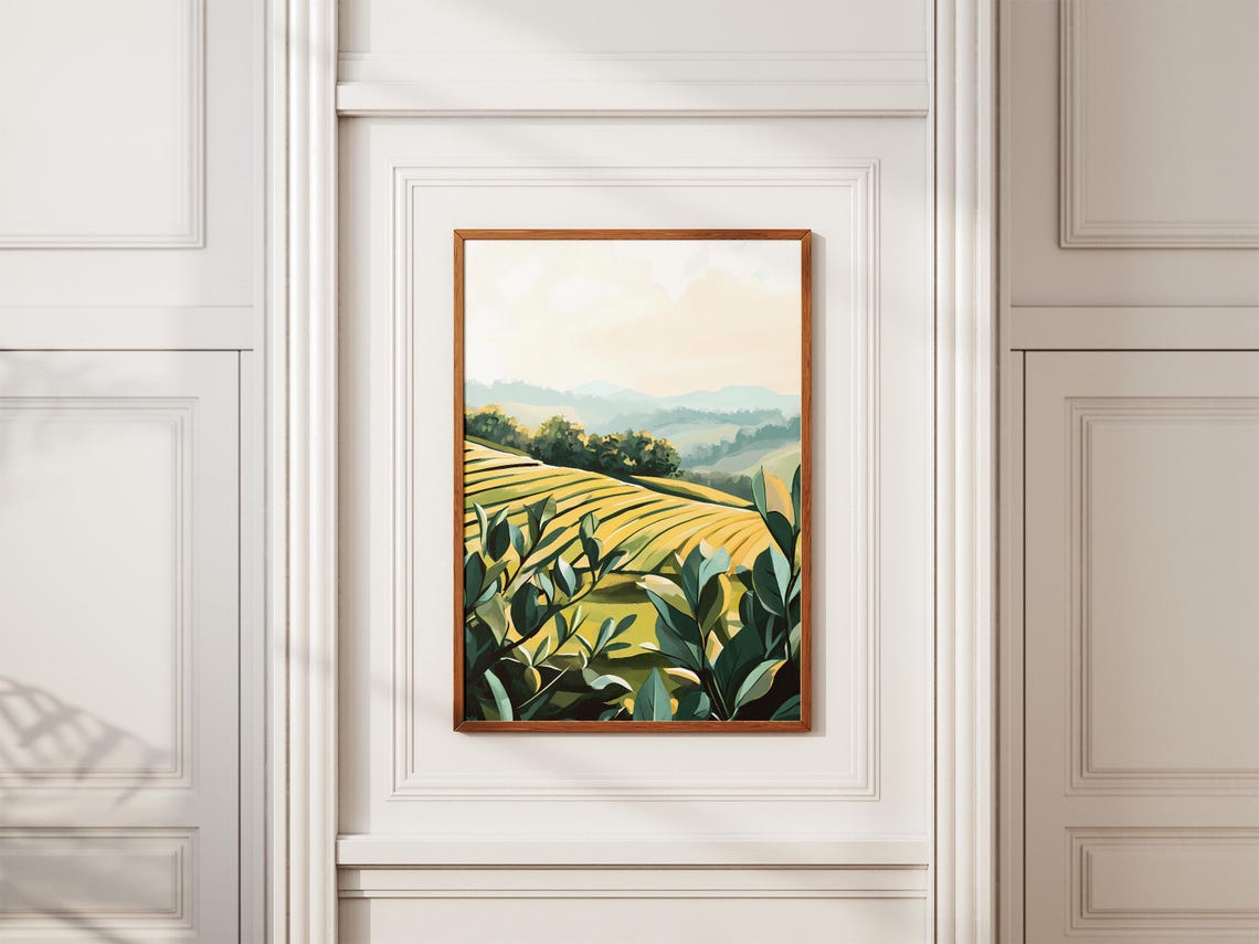 Foggy Green Tea Field Terraces Under Misty Blue Hills Poster - Image 2