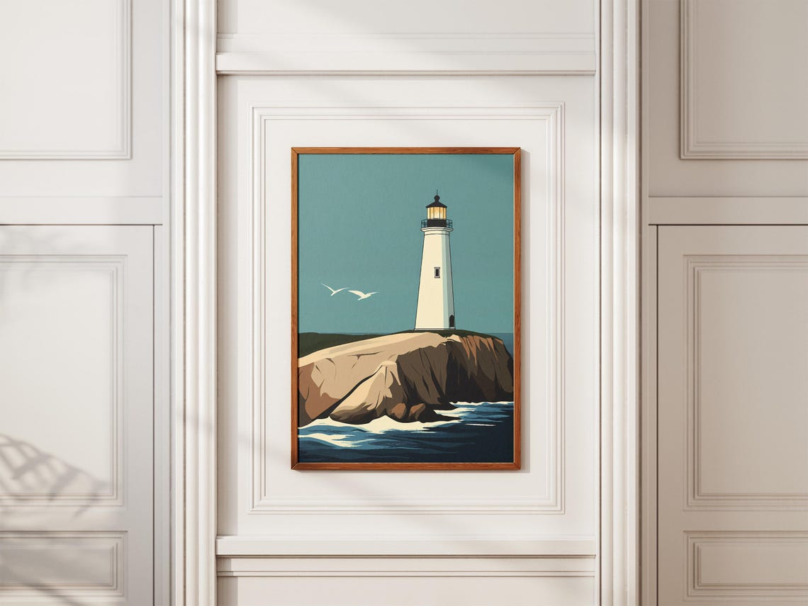 Lighthouse Poster Coastal Art Print Ocean View Wall Decor Modern Home Decor Nautical Illustration Cliffside Lighthouse Beach Hous - Image 2