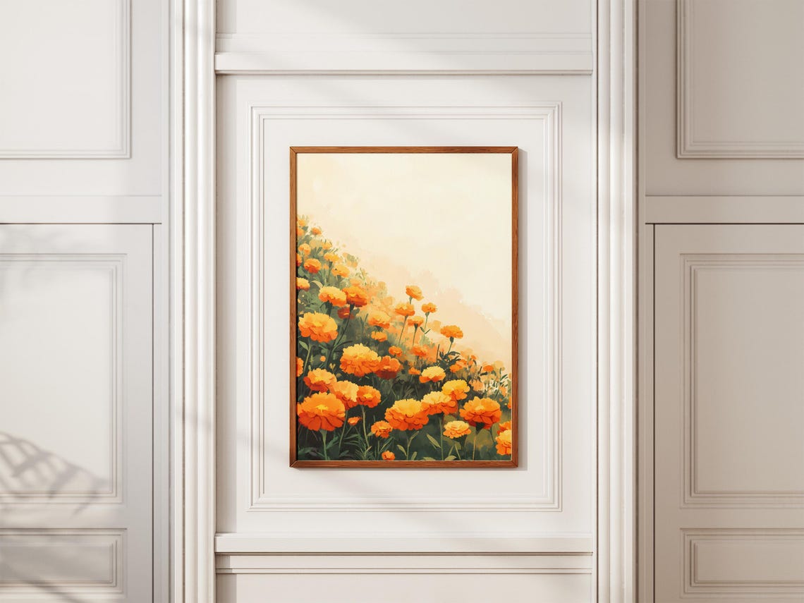 Dense Orange Marigold Meadow Poster Under a Soft Peach Sunset Sky - Image 2