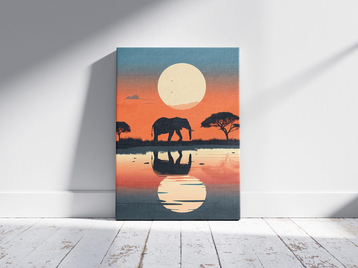 Botswana Elephant Sunset Waterhole Reflection Wildlife Poster - Image 2