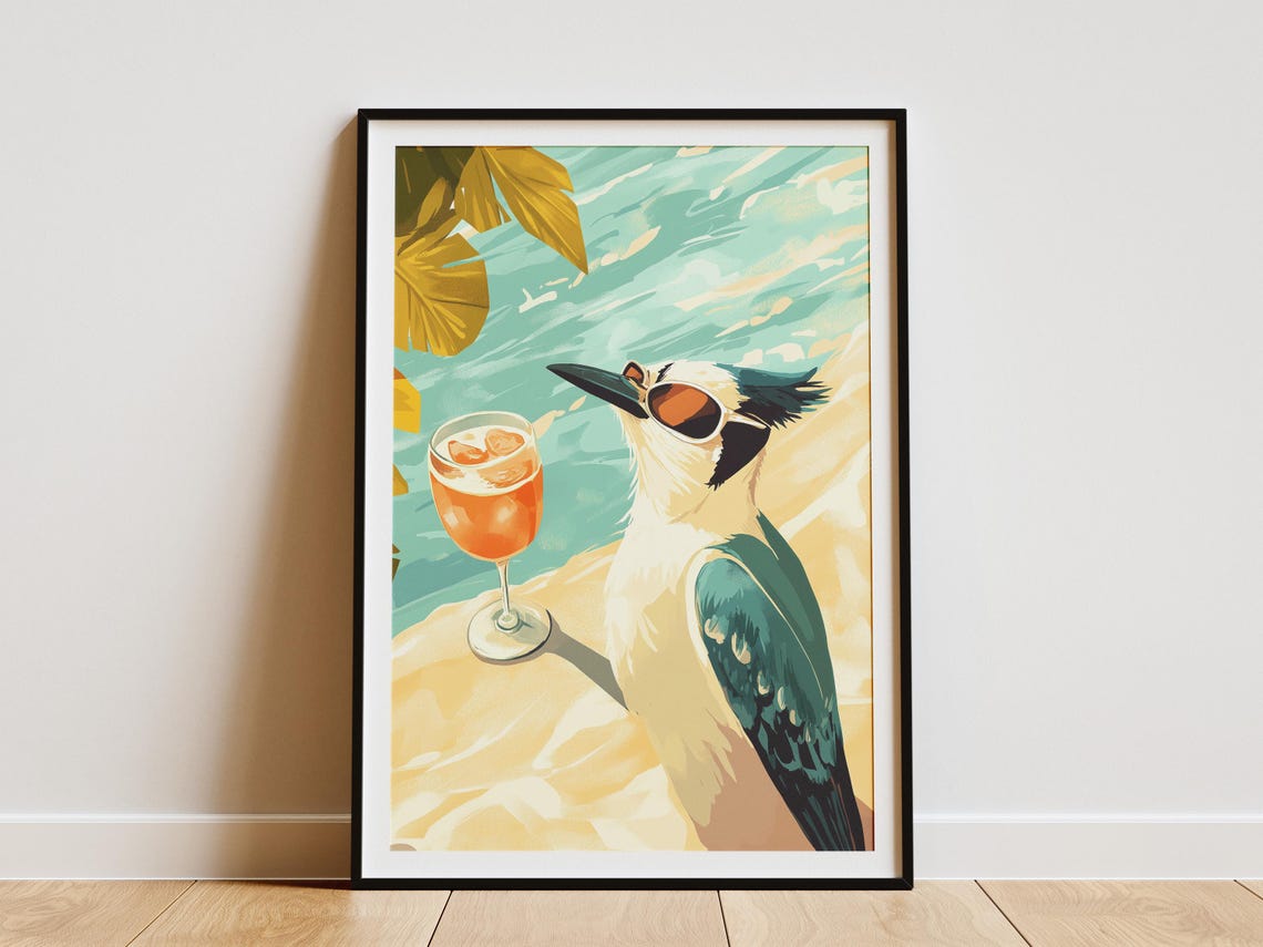 Cool Bird In Sunglasses Sipping Cocktail Tropical Beach Poster